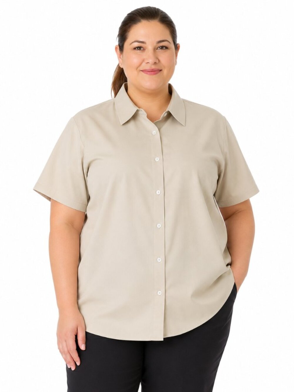 Port Authority Women's Plus Size Beige Short-Sleeve SuperPro Twill Shirt